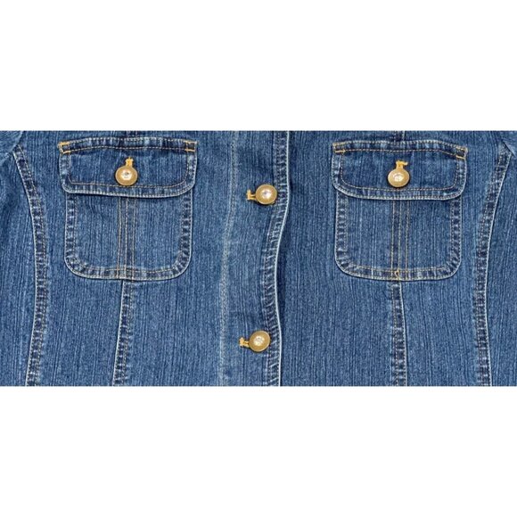 Erika & Co Womens Medium Button-Up Denim Jean Jacket Blue Rhinestones Pockets - Picture 5 of 11